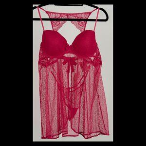 Linea Donatella Hot Pink Lace/Mesh Polka 2pc Babydoll Lingerie Size XL NWT